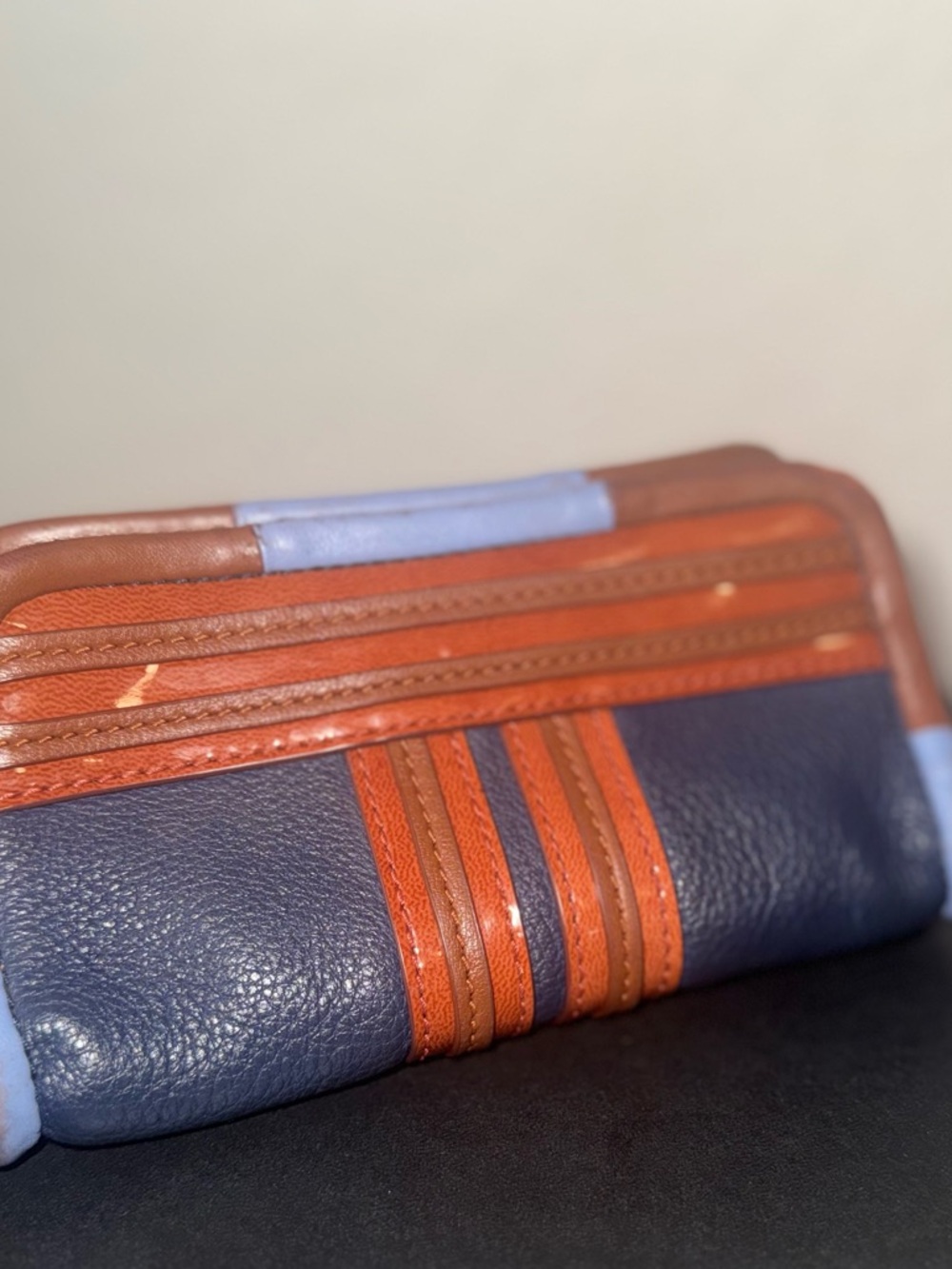 RARE Sample Tory Burch Navy and Brown Leather Wristlet Clutch/ makeup bag